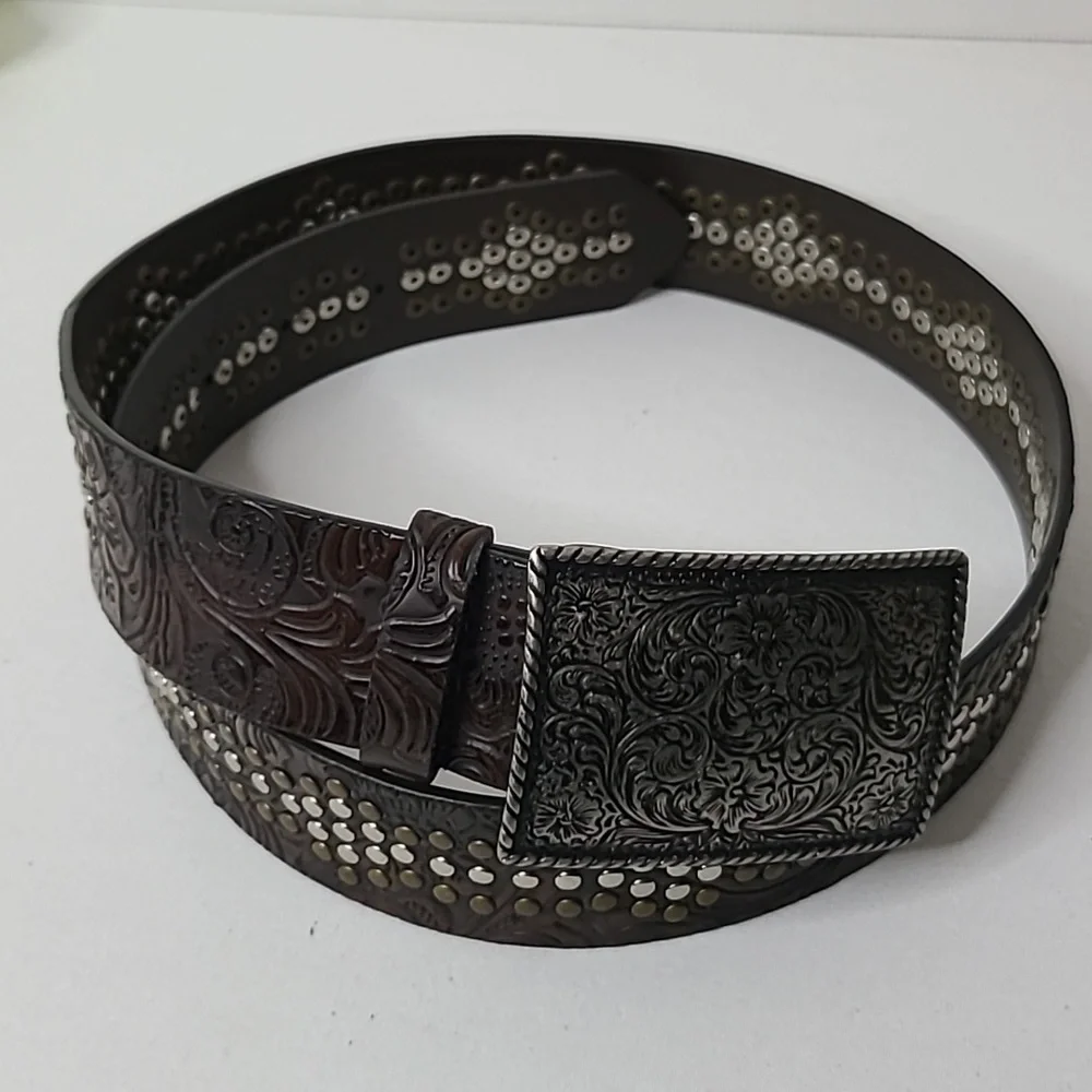 Vintage Y2K Perry Ellis Western Belt Embellished Scroll Design Faux Leather Brwn